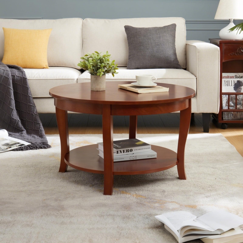 Round Walnut Coffee Table featuring Curved Legs and Two Tier Storage