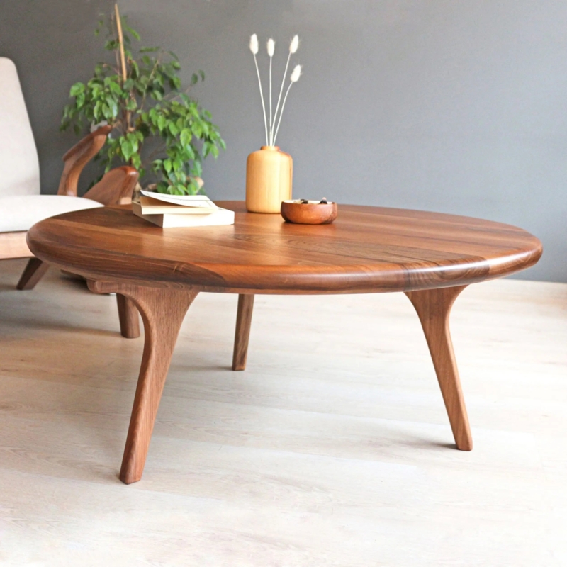 Round Walnut Coffee Table Sculptural Tapered Legs Mid Century Style