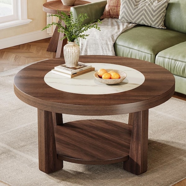 Round Walnut Coffee Table with Stone Inlay and Two-Tier Storage Shelf