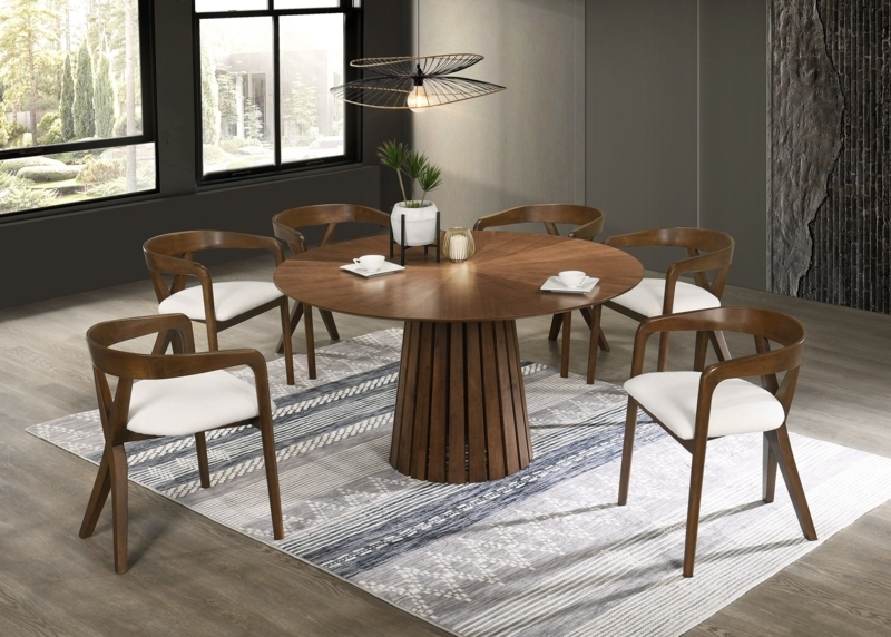 Round Walnut Dining Table, Slatted Pedestal Base, Sunburst Veneer Top, Mid-Century