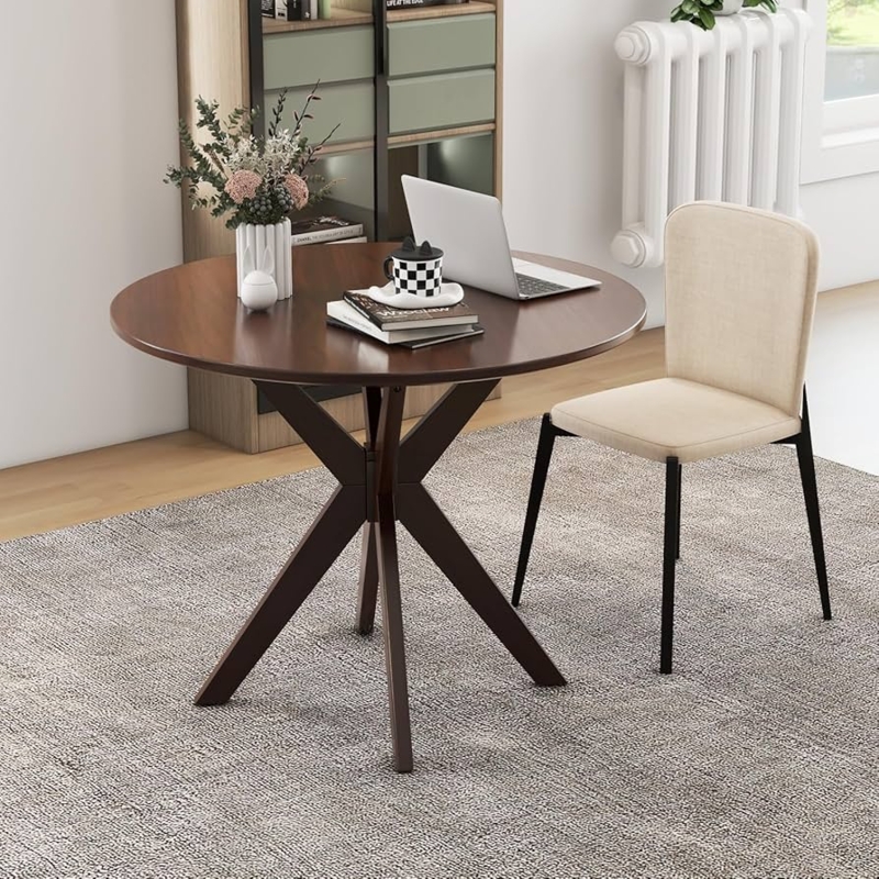 Round Walnut Dining Table with Intersecting Trestle Legs
