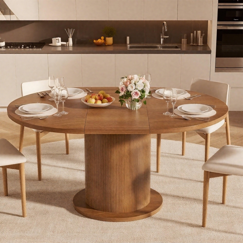 Round Walnut Dining Table with Ribbed Pedestal Base
