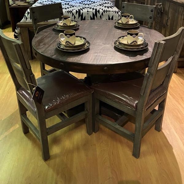 Round Weathered Gray Dining Set with Nailhead Trim