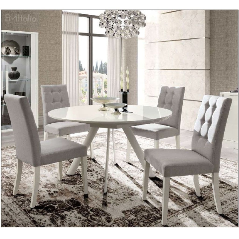 Round White Dining Set Glossy Finish Tufted Gray Fabric Chairs