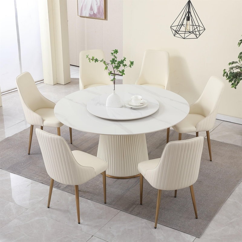 Round White Dining Set with Fluted Pedestal and Lazy Susan