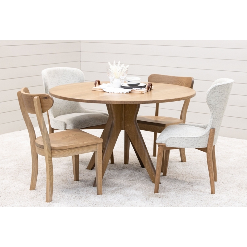 Round White Oak Dining Table, Angled Pedestal Base, Mixed Seating, Tapered Legs