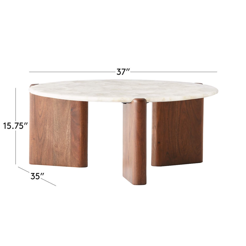 Round White Stone Coffee Table with Thick Curved Wood Legs