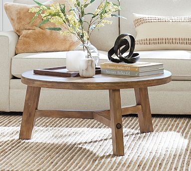 Round Wood Coffee Table Chunky Tripod Base Rustic Style Centerpiece