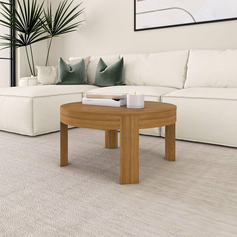 Round Wood Coffee Table in Warm Pecan Finish with Thick Block Legs