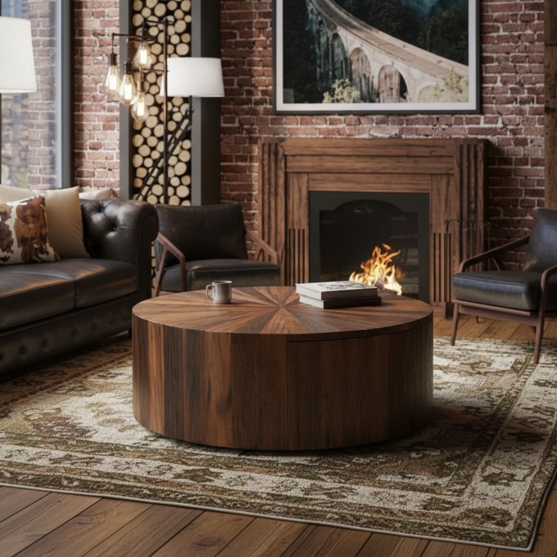 Round Wood Coffee Table Radial Grain Top Hidden Storage