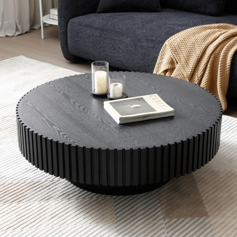 Round Wood Coffee Table, Slatted Pedestal Base, Modern Minimalist, Dark Stain
