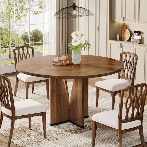 Round Wood Dining Set, Chevron Tabletop, Geometric Back Chairs
