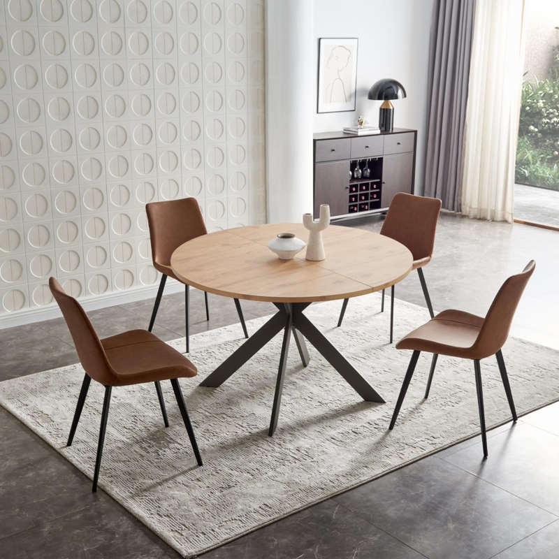 Round Wood Dining Set, Tan Leather-Like Bucket Chairs, Matte Black X-Base, 5-Piece