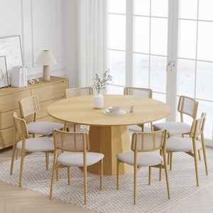Round Wood Dining Table, Cane Back Chairs, Multifaceted Pedestal Base, 60-Inch, Set