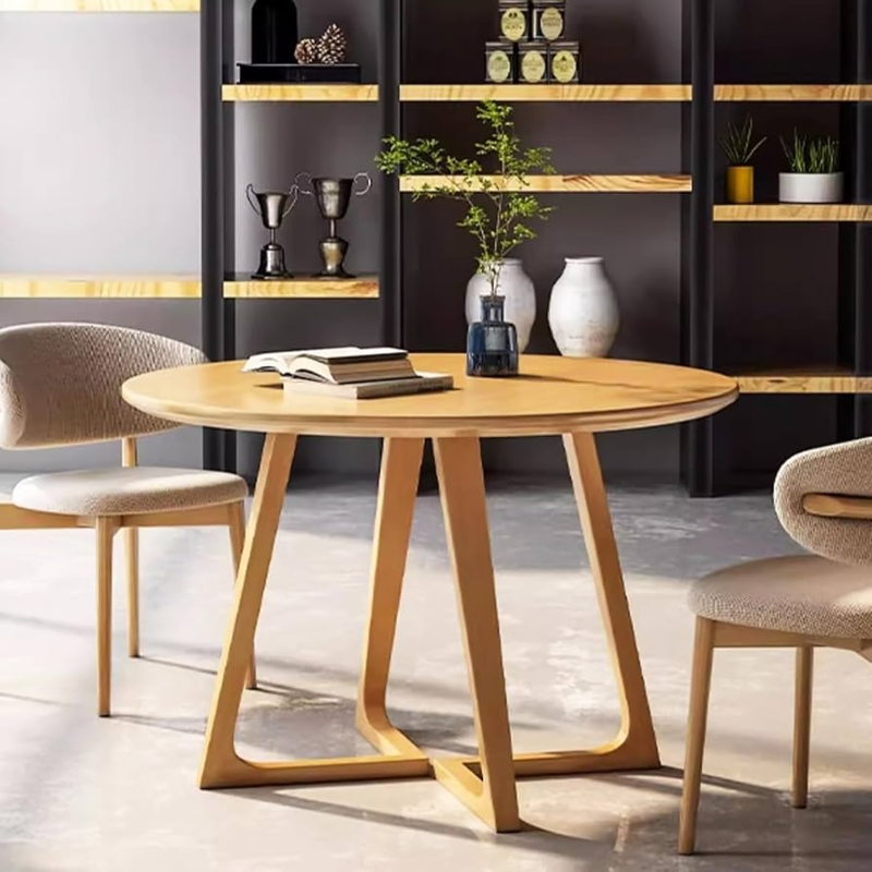 Round Wood Dining Table, Geometric Pedestal Base, Angled Legs, Natural Finish, Small