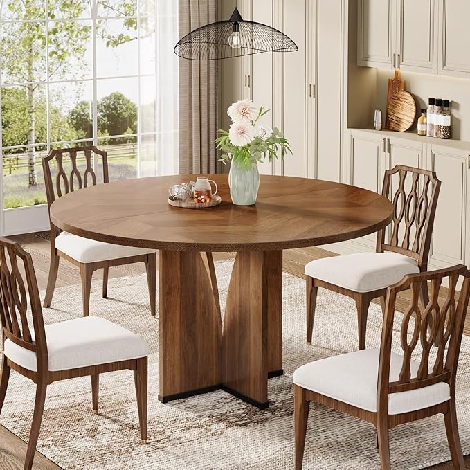 Round Wood Dining Table, Open Work Backs, Chevron Grain, Pedestal Base.