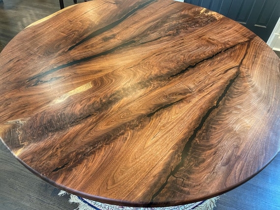 Round Wood Dining Table with Organic Black Resin Inlay Highlights