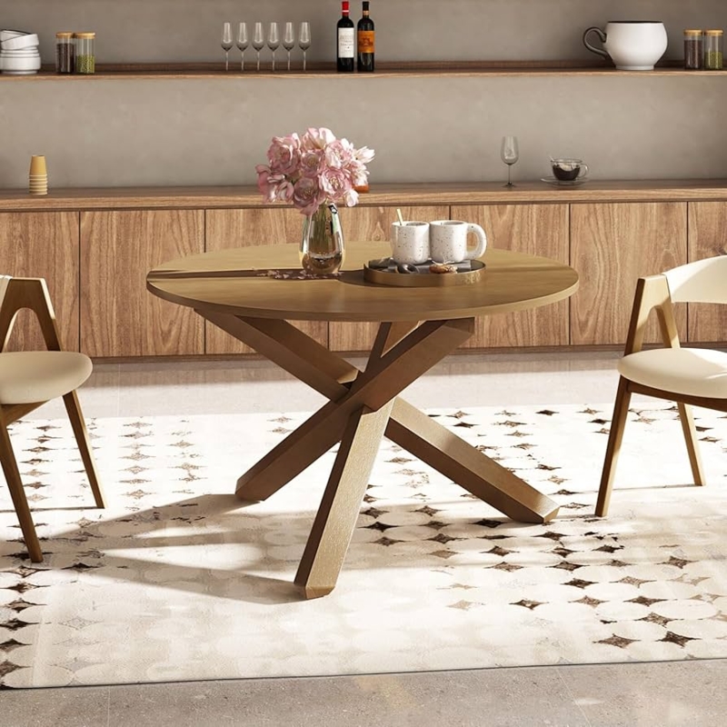 Round Wood Dining Table, X-Shaped Pedestal Base, Matte Finish, Mid-Century Modern