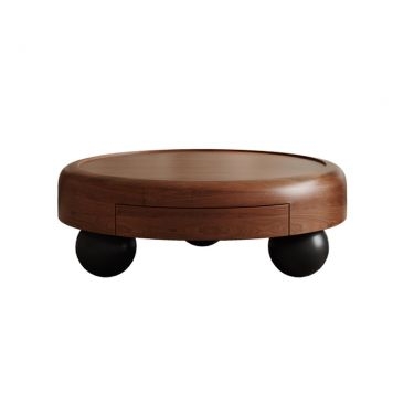 Round Wood Drum Coffee Table, Black Ball Feet, Integrated Drawer