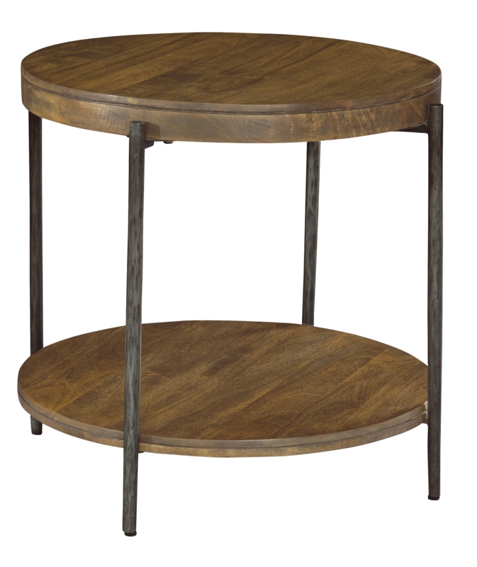 Round Wood Side Table, Two-Tier Industrial Metal Frame