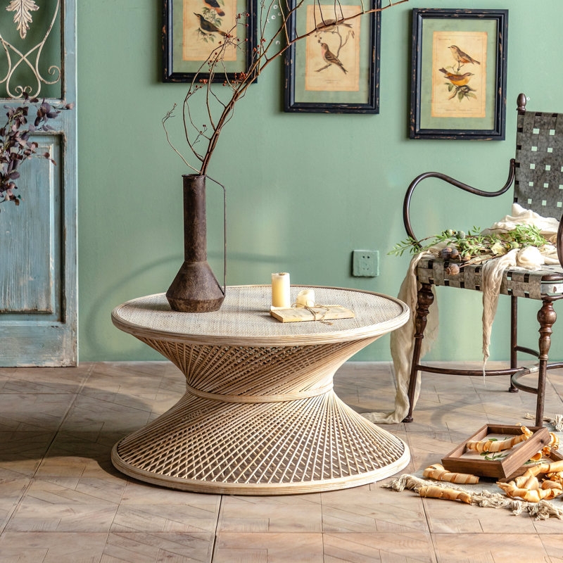 Round Woven Coffee Table with Distinctive Wooden Cross-Base Support
