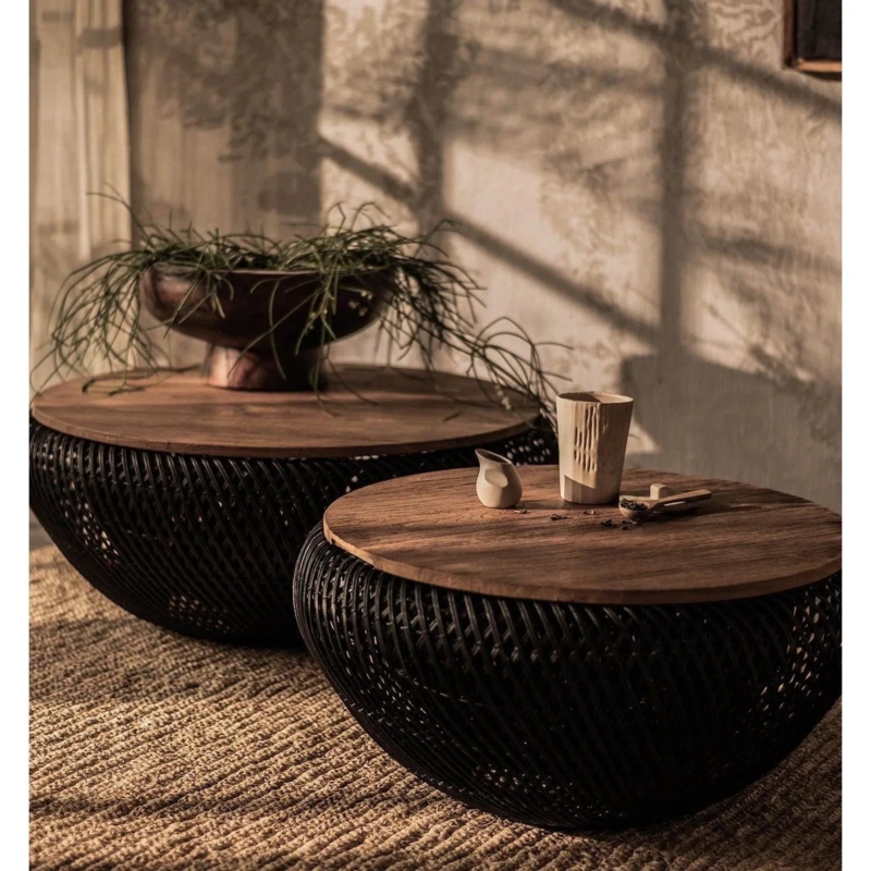 Round Woven Coffee Table, Wood Top Drum Base, Organic Modern Design