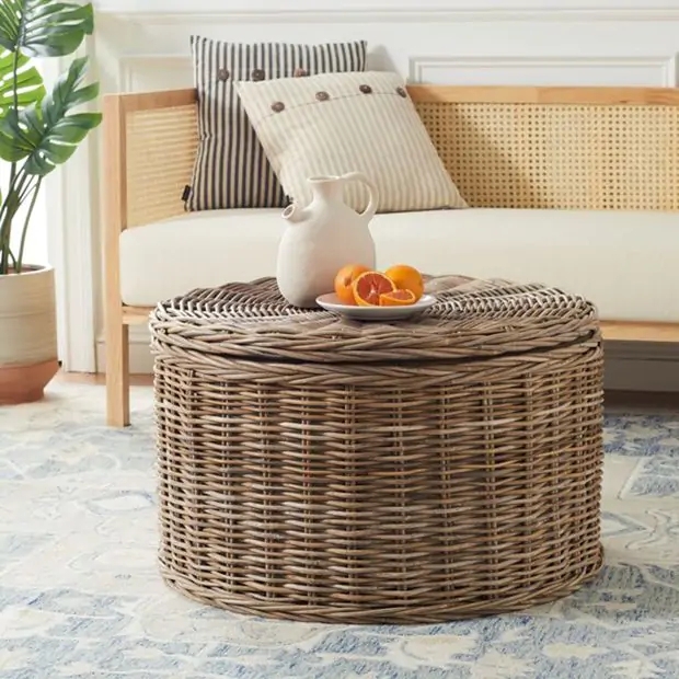 Round Woven Storage Coffee Table, Weathered Rattan, Coastal Farmhouse
