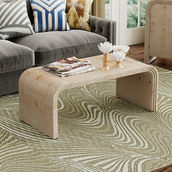 Rounded Rectangular Coffee Table, Walnut Wood Finish, Curved Slab Legs