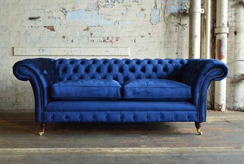 Royal Blue Chesterfield Sofa, Deep Button Tufting, Brass Casters