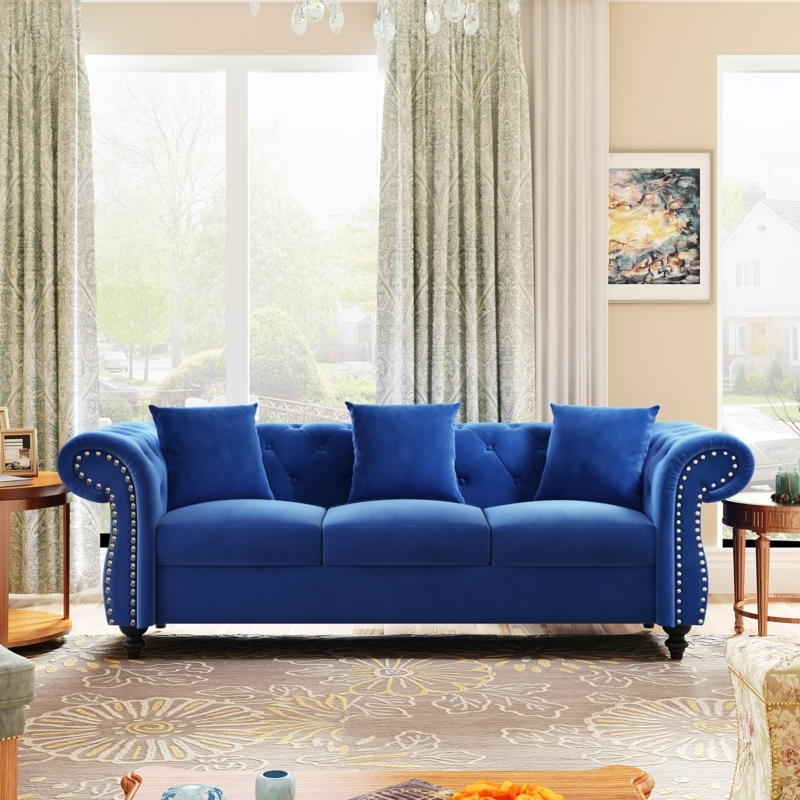 Royal Blue Velvet Sofa, Diamond Tufting, Silver Nailhead Trim