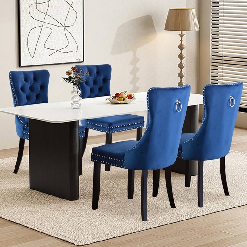 Royal Blue Velvet Tufted Dining Chairs with Nailhead Trim