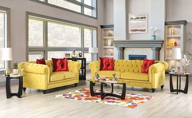 Royal Yellow Sofa Set Velvet Deep Diamond Button Tufting