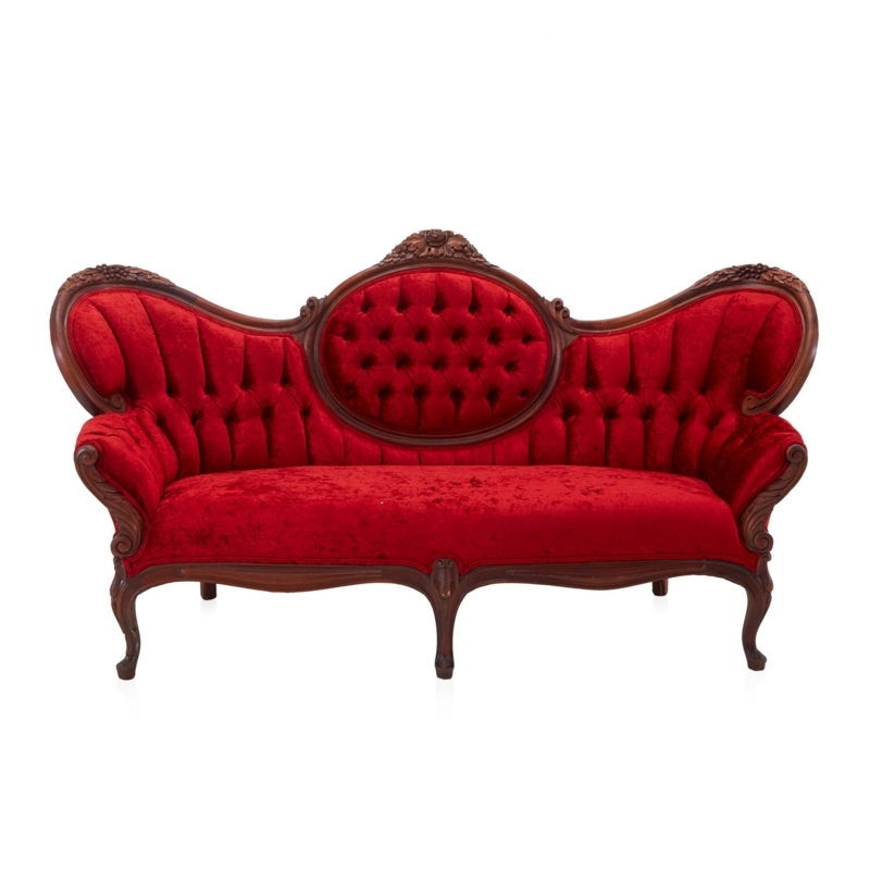 Ruby Red Velvet Victorian Settee with Ornate Wood Carvings