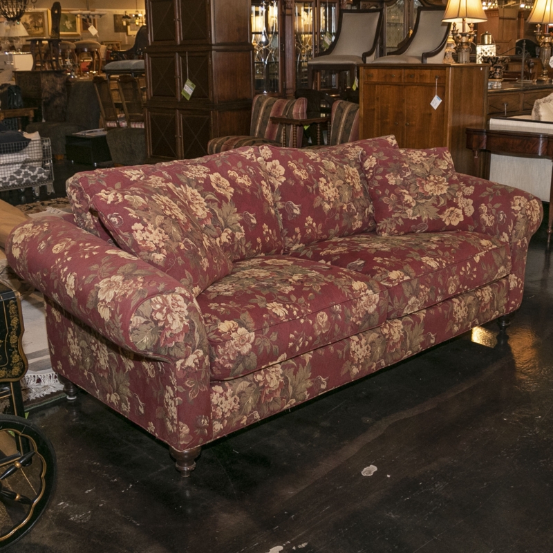 Rust Floral Sofa Traditional Rolled Arm with Turned Bun Feet
