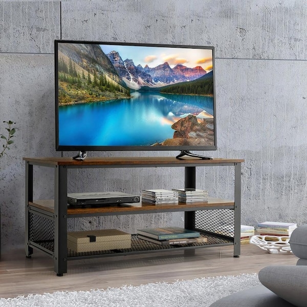 Rustic 3-Tier Entertainment Center with Metal Mesh Shelf