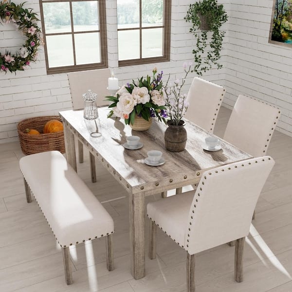 Rustic 6-Piece Dining Set with Nailhead Trim Chairs & Bench