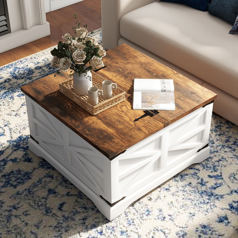 Rustic Barn Door Coffee Table with Hinged Lift Top and White Base