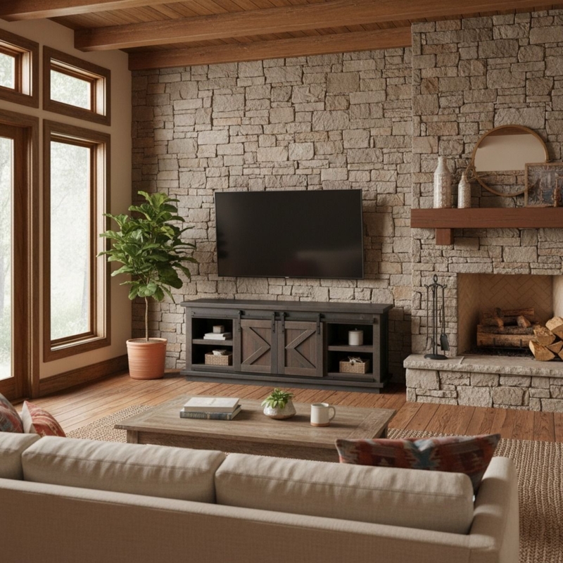 Rustic Barn Door TV Stand with Open Shelving and Dark Distressed Finish