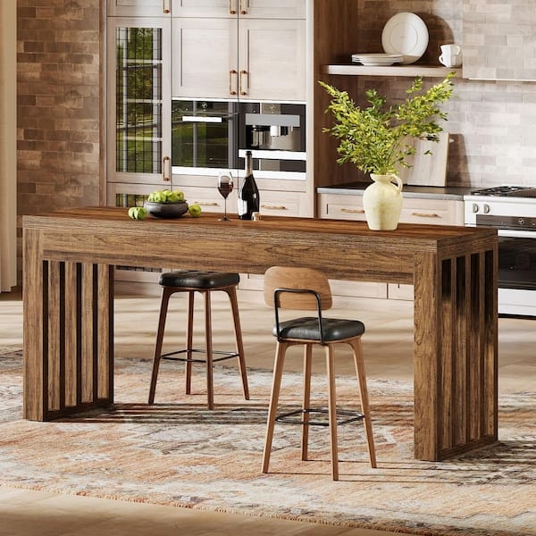 Rustic Brown Bar Table: Slatted Pedestal Legs & Rectangular Top