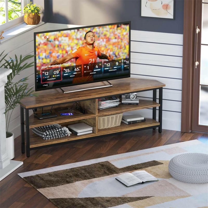 Rustic Brown Corner TV Stand Four Open Shelves Metal Frame