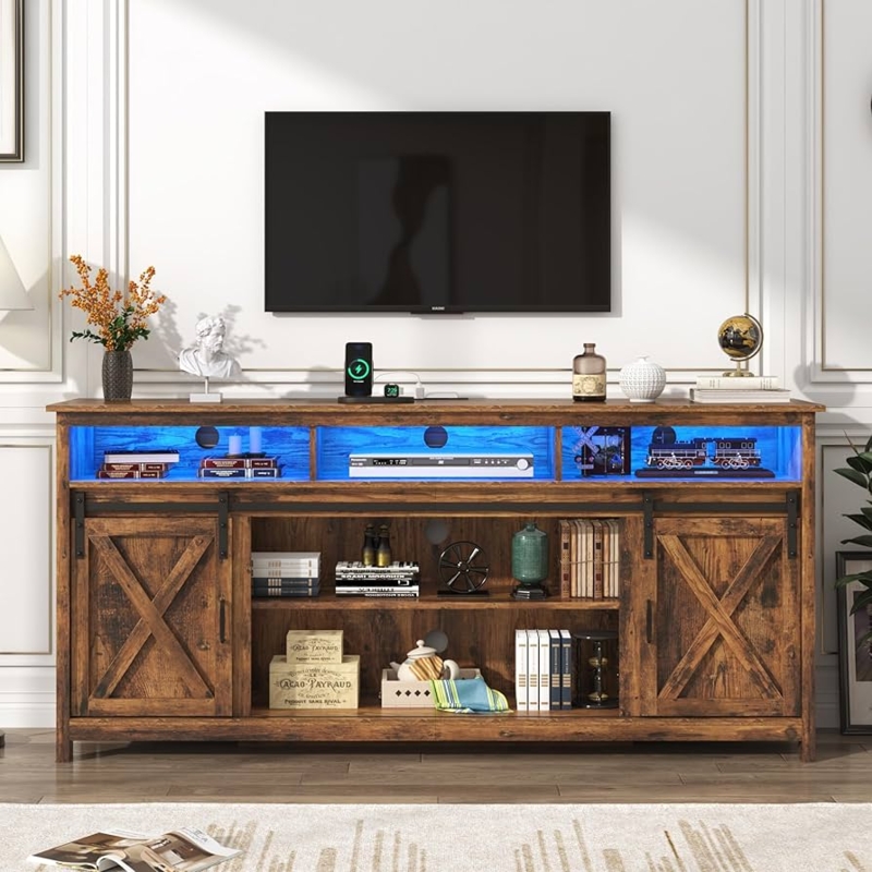 Rustic Brown Farmhouse TV Stand Barn Doors Blue LED Lights