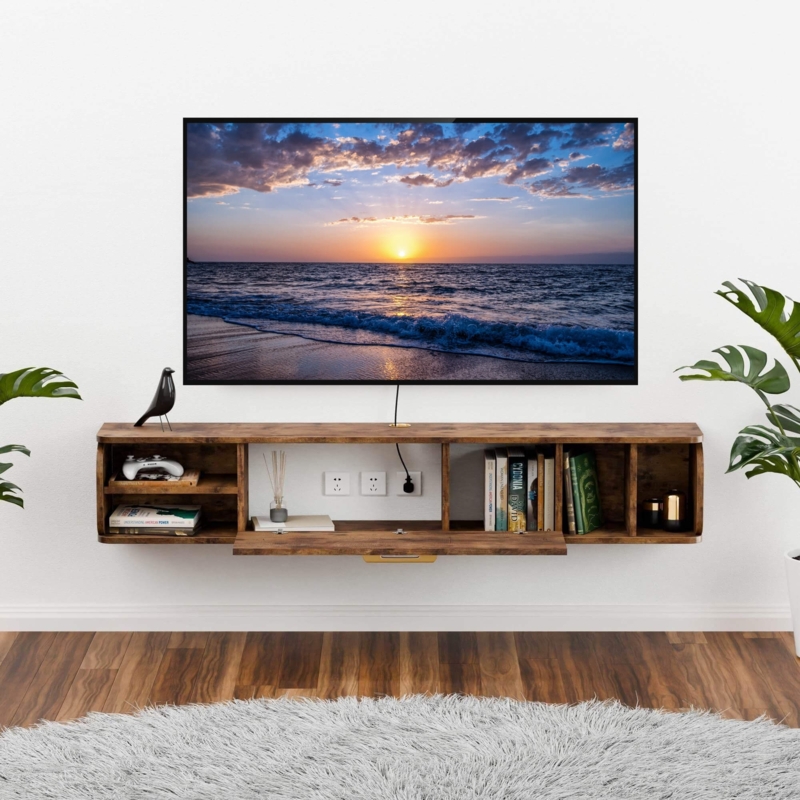Rustic Brown Floating TV Stand Flip-Down Door Gold Accents