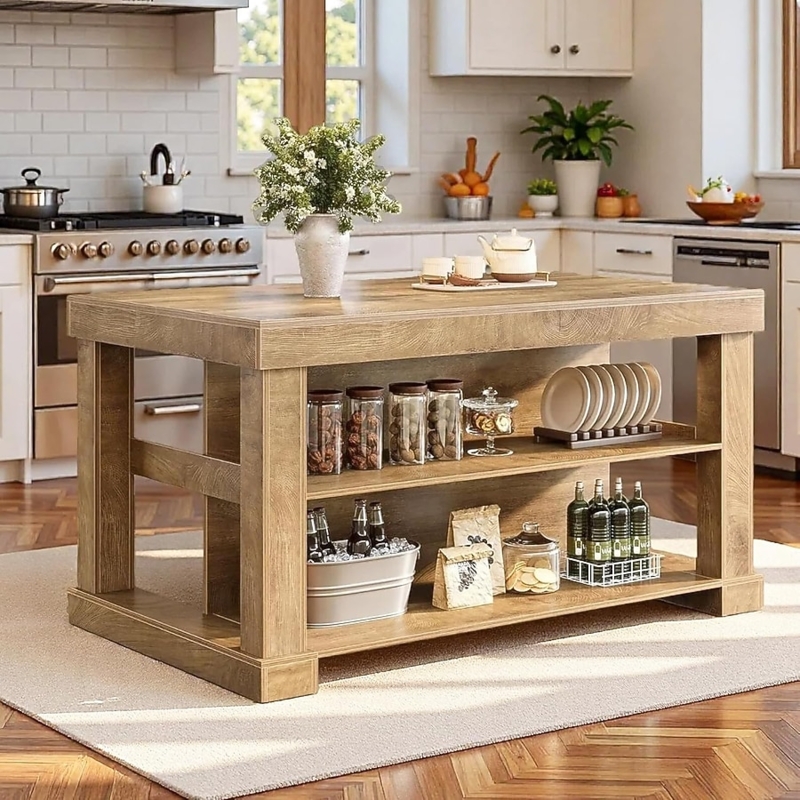 Rustic Brown Kitchen Island 3-Tier Storage with Chunky Legs Wood Grain