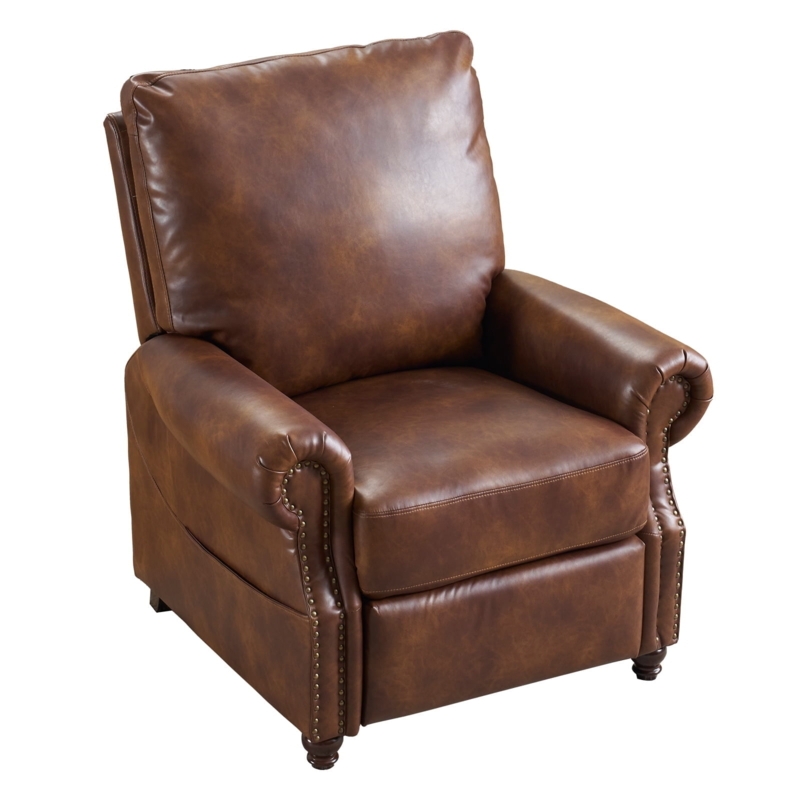 Rustic Brown Leather-Like Recliner with Mottled Finish and Nailhead Trim