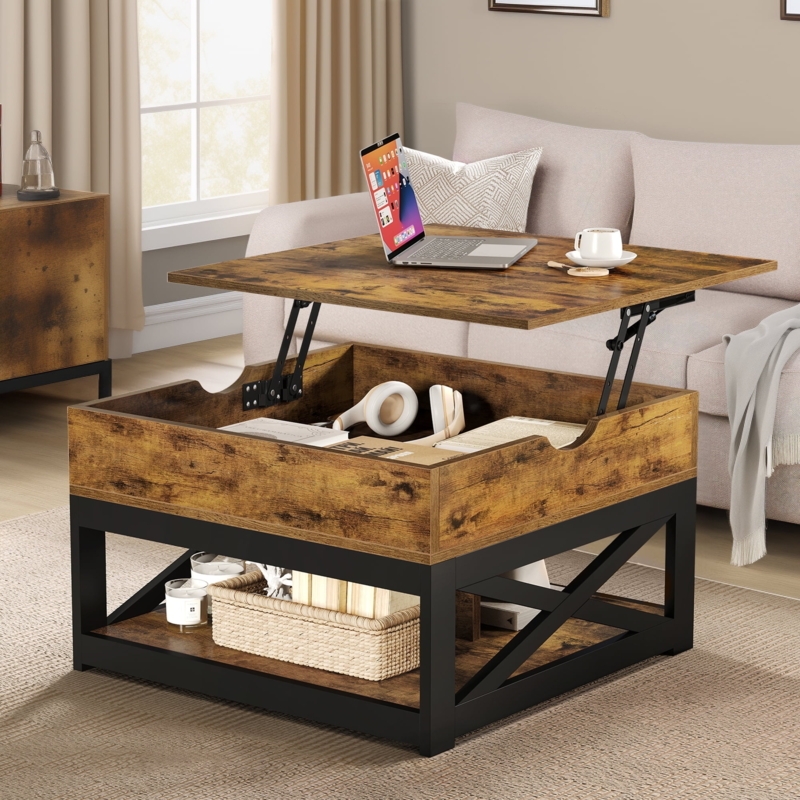 Rustic Brown Lift Top Coffee Table, Black Metal X-Frame Base with Shelf