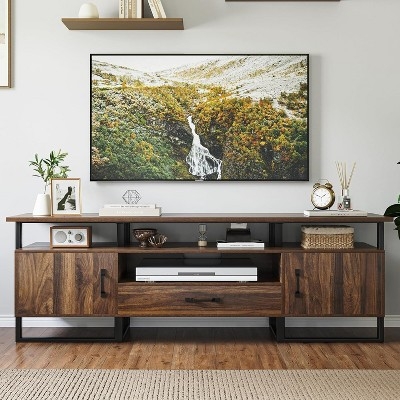 Rustic Brown Media Console with storage drawer and metal base.