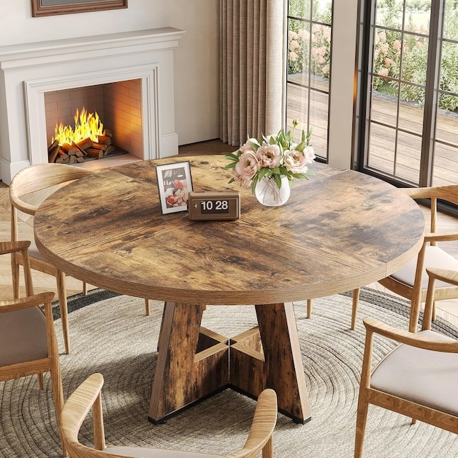 Rustic Brown Round Dining Table Cross Pedestal Base Farmhouse Style