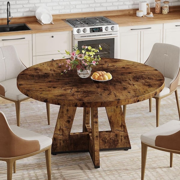 Rustic Brown Round Table with X-Frame Pedestal Base