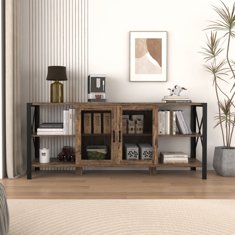 Rustic brown sideboard with industrial mesh doors and shelves.