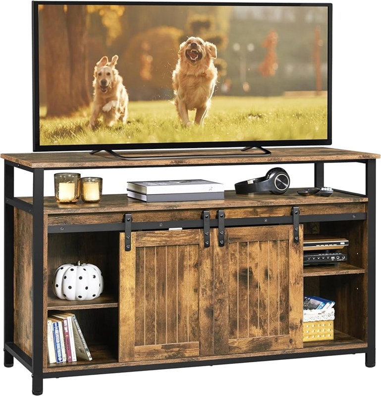 Rustic Brown TV Stand Sliding Barn Doors Industrial Metal Frame Console